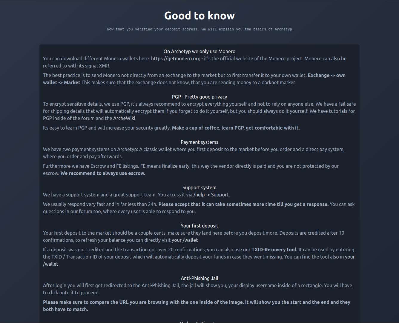 Screenshot of Archetyp Market interface with Monero privacy and encrypted structure